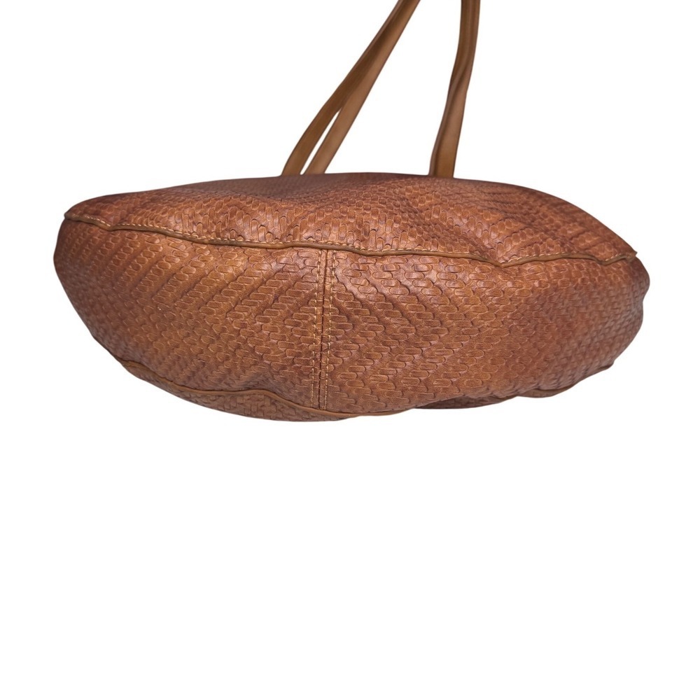 Anthropologie Cognac Brown Round Woven Faux Leather Embossed Circle Shoulder Bag - Picture 5 of 8